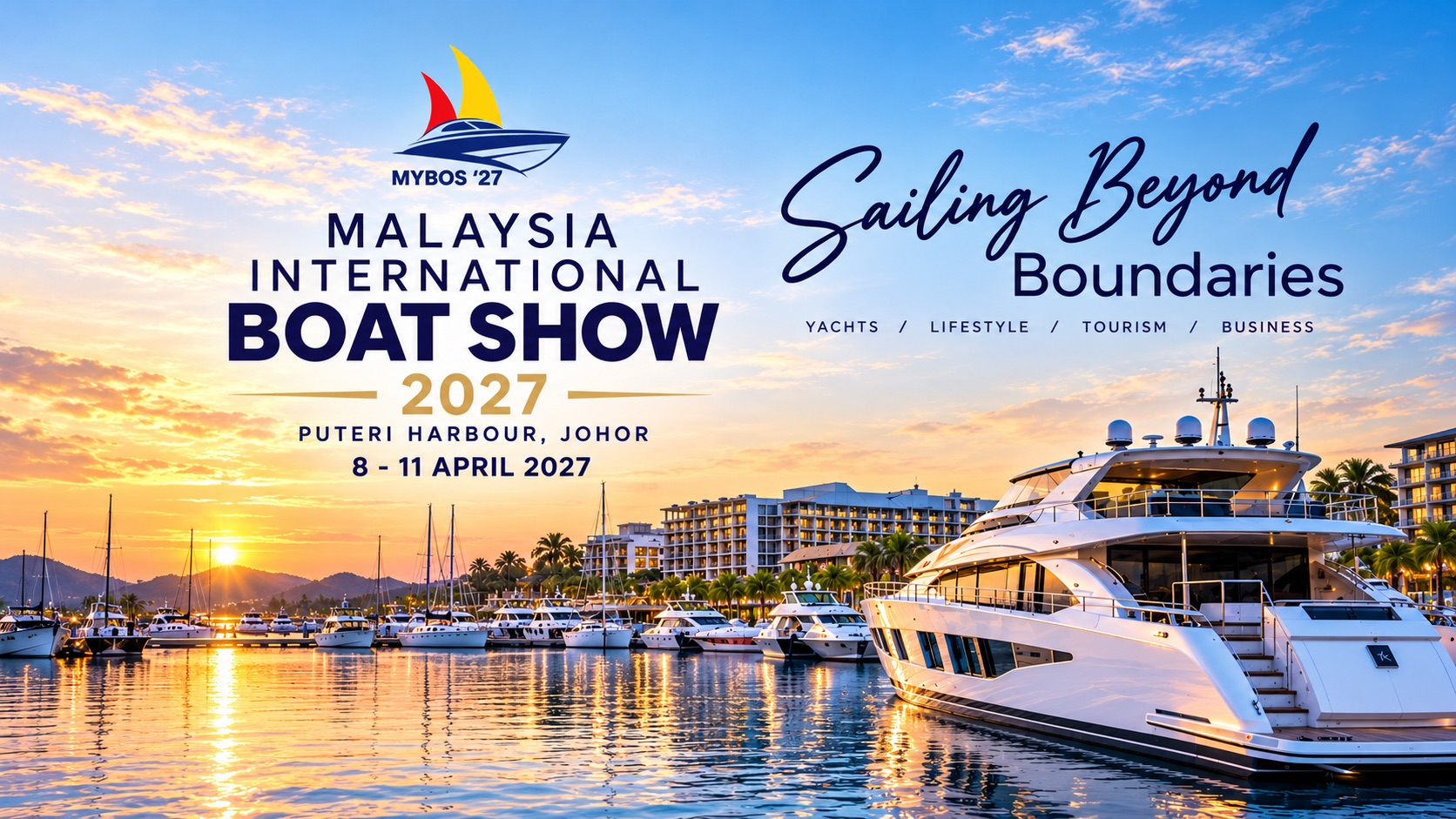 Malaysia International Boat Show 2027 — Sailing Beyond Boundaries. Puteri Harbour, Johor, 8-11 April 2027. Yachts, Lifestyle, Tourism, Business.